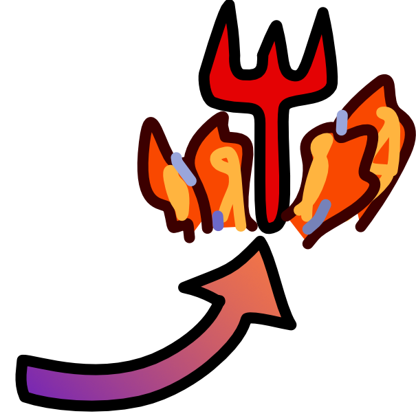  a curved arrow grading from purple to orange points to a red pitchfork surrounded by flames. 